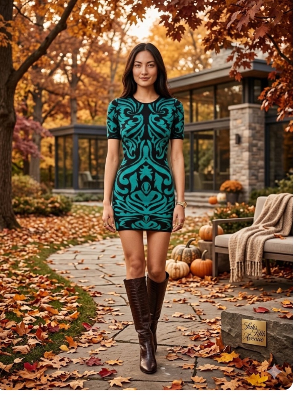 RED-SAKS FIFTH AVENUE BLACK TURQUOISE BROCADE KNIT SHIFTDRESS-EUC-SzM-Beautiful!